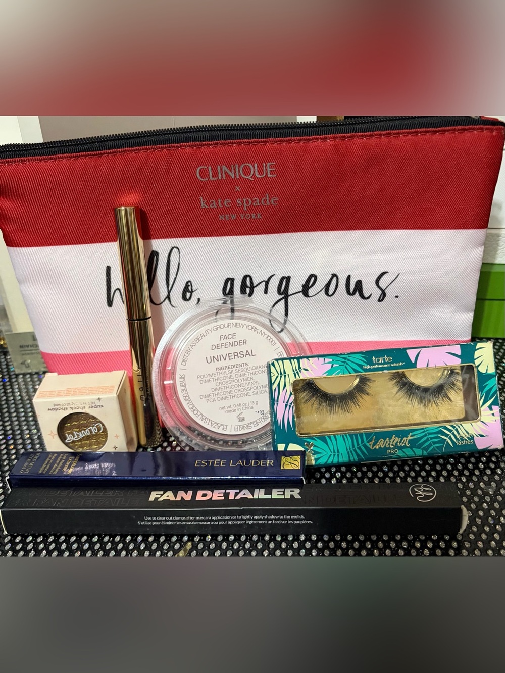 Clinique x kate spade 'hello, gorgeous.' Cosmetic Bag with Assorted Makeup. New